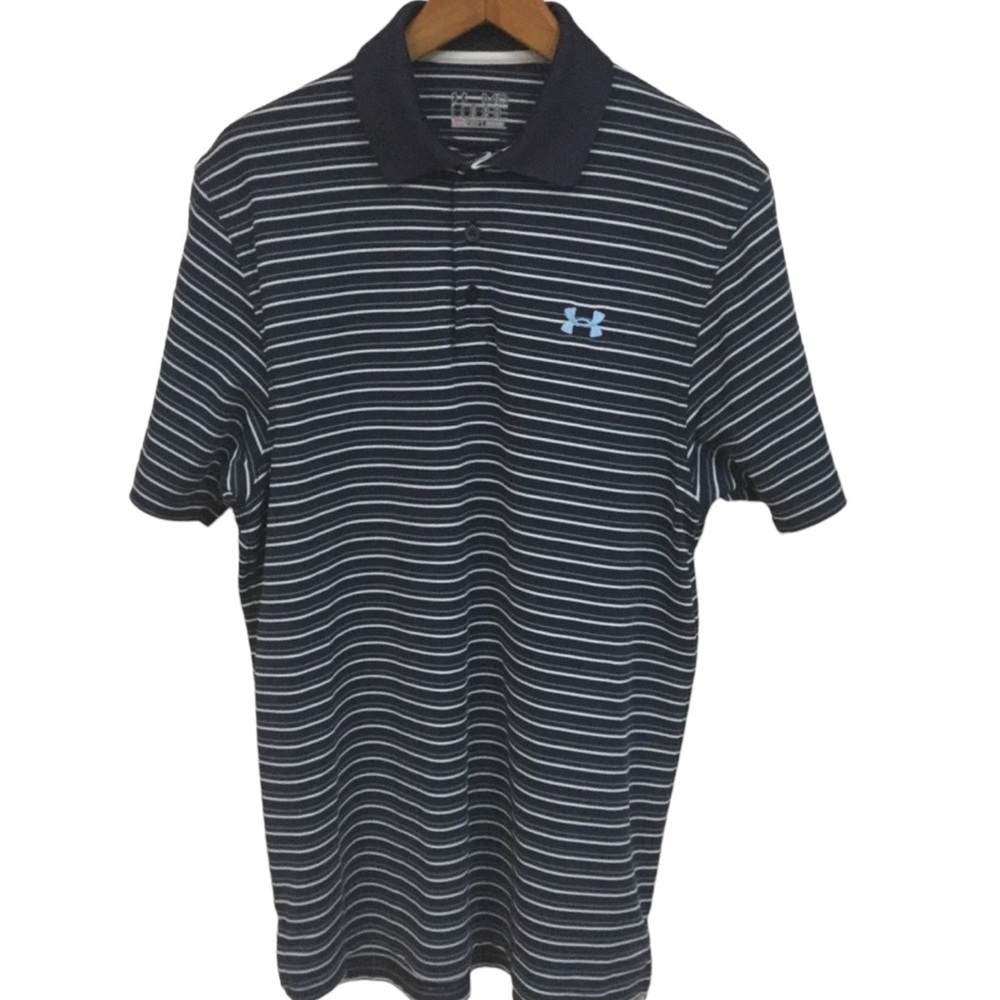 UNDER ARMOUR Men’s sz Medium Polo Shirt Striped 3 Button Short Sleeve Heat Gear
